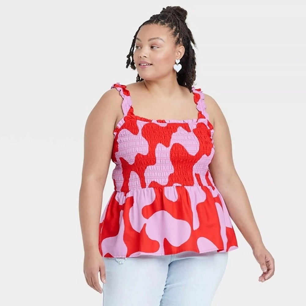 Ava & Viv 1X Red Pink Abstract Print Smocked Top